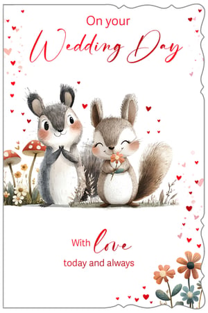 Celebrate love with our enchanting 'Wedding Day' card, perfect for any happy couple! This utterly charming design features two adorable woodland creatures, lovingly depicted in a soft, watercolour style. One sweet squirrel holds a delicate flower, while the other looks on with affection, surrounded by tiny hearts and whimsical flora.

The heartfelt message 'On your Wedding Day' and 'With love today and always' is beautifully rendered in elegant red script, adding a touch of romance. Ideal for retailers looking to offer a truly special and memorable card, this design is sure to delight customers. Available in a convenient pack size of 1x6, ensuring you're well-stocked for those joyous occasions. A delightful choice from Out of The Blue Studios Ltd.