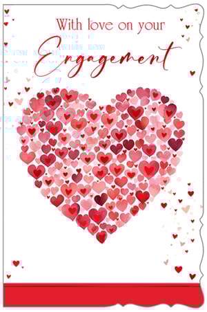 Help your customers celebrate those special moments with our exquisite Engagement card. This charming design features a large heart, beautifully formed from an array of smaller, watercolour-style hearts in varying shades of romantic red and soft pink. The elegant message, "With love on your Engagement," is presented in a lovely script, perfectly complementing the artistic illustration. A truly heartfelt way to send congratulations, this card from Out of The Blue Studios Ltd offers a delightful blend of warmth and sophistication. Stock up with our convenient pack of 6.