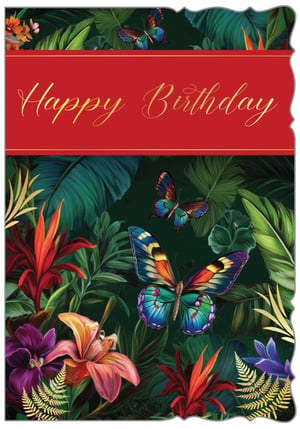 Bring a touch of vibrant paradise to any birthday celebration with our stunning 'Open Birthday Female' card. This exquisite design transports you to a lush tropical haven, bursting with rich green foliage, exotic blooms, and magnificent, colourful butterflies.
The elegant gold 'Happy Birthday' script, set against a luxurious red banner, adds a sophisticated flourish, making it a truly special card for any woman. Each card is a miniature work of art, sure to stand out and bring a smile.
Supplied by Out of The Blue Studios Ltd., this beautiful card comes in a convenient pack of 6, ensuring you're ready for those important occasions.