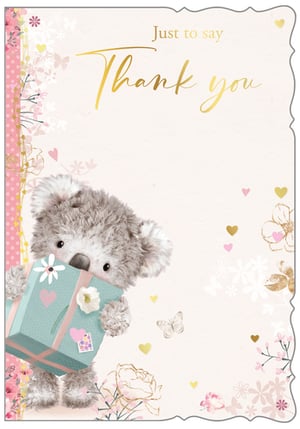 Offer your customers the perfect way to express their gratitude with our charming "Thank You" card, from Out of The Blue Studios Ltd. This delightful design features an irresistibly cute, fluffy bear tenderly holding a beautifully wrapped gift. The soft, pastel background is adorned with delicate floral accents, graceful butterflies, and scattered hearts, creating a truly heartwarming scene. A shimmering gold foil message, "Just to say Thank you," adds an elegant touch. Ideal for any occasion requiring a special note of appreciation, this card's gentle artistry and warm palette are sure to convey sincerity. Each pack contains 6 cards, making them a wonderful and thoughtful addition to your greeting card selection, ready to help customers share their thanks.
