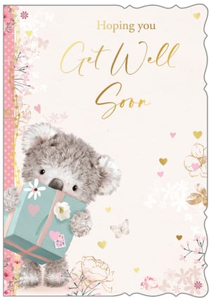 Help your customers send the warmest wishes with this delightful 'Get Well Female' card from Out of The Blue Studios Ltd. This charming design features an irresistibly cute fluffy bear, tenderly holding a thoughtful gift, sure to bring a smile to anyone feeling under the weather.
The elegant gold foil 'Hoping you Get Well Soon' message shines beautifully against a soft, pastel background. Adorned with delicate floral accents, fluttering butterflies, and sweet hearts, this card conveys genuine care and comfort. Perfect for a female recipient, its gentle colours and adorable character make it a truly heartwarming choice. Available in a convenient pack of 6, it's a wonderful addition to your greeting card range.
