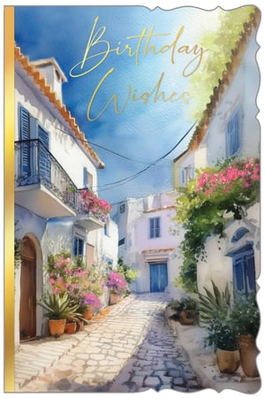 Send warm wishes with this beautiful 'Open Birthday Female' card from Out of The Blue Studios Ltd. This charming watercolour illustration captures the essence of a sun-drenched Mediterranean street. White-washed buildings, vibrant pink flowers, and a cobbled alley create an inviting scene. Elegant gold script reads 'Birthday Wishes' against a clear blue sky, adding a lovely touch. Perfect for any female recipient, this delightful card offers a wonderful way to celebrate. Available in a convenient pack of 6, it's a lovely addition to your greeting card collection.