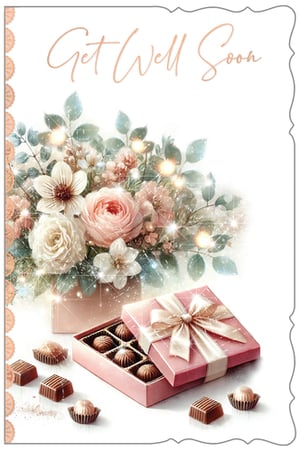 Send heartfelt wishes with our 'Get Well Female' card, a truly charming design from Out of The Blue Studios Ltd. This exquisite card features a delicate bouquet of soft pink and white flowers, beautifully accented with sparkling lights and lush green foliage, creating a comforting and uplifting scene. Below, a tempting pink box of chocolates adds a touch of sweet indulgence, making this card a perfect pick-me-up. With its elegant 'Get Well Soon' script and gentle colour palette, it’s ideal for brightening the day of a special woman. Available in a convenient pack of 6, ensuring you're always ready to share a thoughtful message.