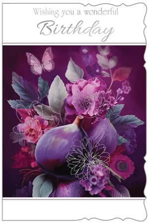 Wish her a truly wonderful birthday with this exquisite card from Out of The Blue Studios Ltd. This stunning design features a luxurious bouquet of deep purple and magenta flowers, complemented by elegant foliage, a delicate butterfly, and unique figs. Intricate line art details add a touch of modern sophistication, while the silver script message, "Wishing you a wonderful Birthday," conveys heartfelt wishes. Perfect for any female recipient, this card's rich colour palette and artistic flair make it a memorable choice. Available in a convenient pack of 6, it's an ideal addition to your greeting card selection.