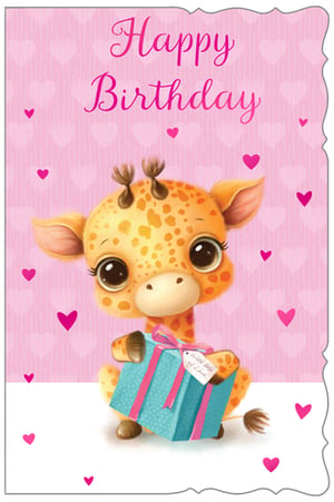Make every birthday extra special with our delightful "Open Birthday Female" card, brought to you by Out of The Blue Studios Ltd. This charming design features an irresistibly cute baby giraffe, complete with big, sparkling eyes, holding a beautifully wrapped gift. Set against a soft pink background adorned with subtle hearts, the "Happy Birthday" message is presented in an elegant script. It's the perfect choice for celebrating any female recipient, offering a touch of sweetness and warmth. Available in a convenient pack of 6, these cards are sure to be a popular addition to your greeting card selection.