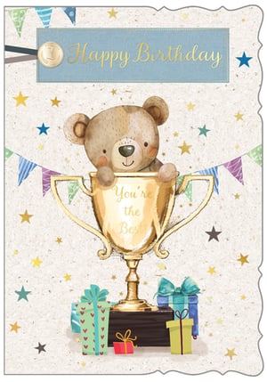 Make their birthday extra special with this delightful 'Open Birthday Male' card from Out of The Blue Studios Ltd. This charming design features an adorable teddy bear peeking from a gleaming golden trophy, proudly proclaiming 'You're the Best!' A 'Happy Birthday' banner, complete with a '1' medal, adds to the celebratory feel. The card is beautifully decorated with colourful bunting, twinkling stars, and a pile of festive gifts, creating a truly joyful scene. Perfect for any male recipient, this card delivers a warm and winning message. Available in a convenient pack of 6, it's a brilliant addition to your card selection.
