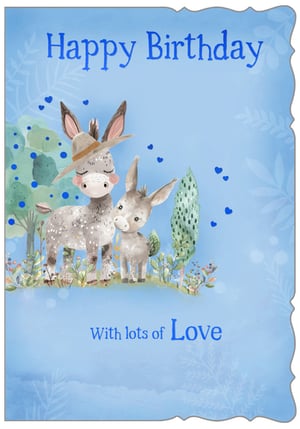 Celebrate special birthdays with this utterly charming 'Open Birthday Male' card from Out of The Blue Studios Ltd. Featuring an adorable pair of donkeys, one sporting a stylish hat, nestled in a whimsical blue landscape, this card is sure to bring a smile. The sweet illustration, complete with delicate foliage and floating hearts, perfectly complements the heartfelt message: 'Happy Birthday, With lots of Love'. Ideal for sons, fathers, friends, or any male recipient who appreciates a touch of cuteness and warmth. Stock up your shelves with this delightful design, available in a convenient pack of 6.