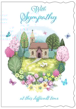 Offer heartfelt condolences with our beautiful 'Sympathy' card, designed to convey peace and comfort during difficult times. This exquisite card from Out of The Blue Studios Ltd. features a serene watercolour-style illustration of a charming church nestled amidst lush greenery, blossoming trees, and vibrant flowers. Gentle butterflies flutter around the scene, while two sweet lambs add a touch of innocence and hope. The elegant script of 'With Sympathy' and 'at this difficult time' perfectly complements the tranquil artwork. A truly thoughtful choice for your customers, this card is available in a convenient pack size of 1x6.
