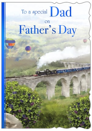 a father 's day card with a train and hot air balloons