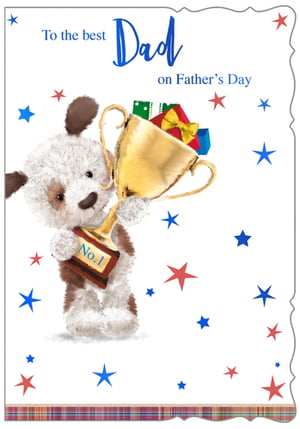 a father 's day card with a teddy bear holding a trophy