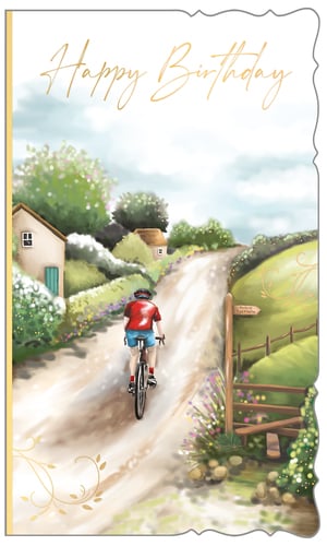 a happy birthday card shows a man riding a bike down a dirt road