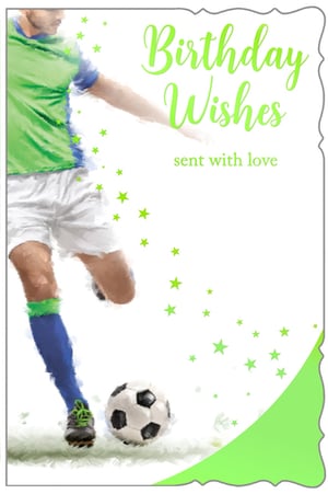 a soccer player is kicking a soccer ball on a birthday card .