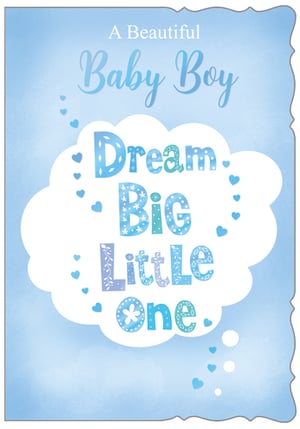a baby boy card that says dream big little one