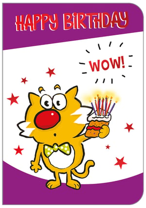 a happy birthday card with a cat holding a cake and candles