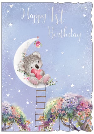 a happy 1st birthday card with a teddy bear sitting on a crescent moon