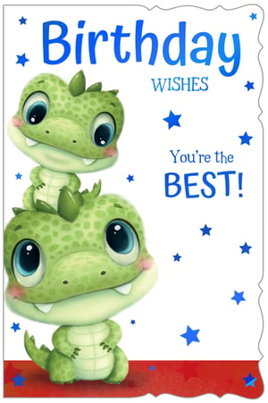 a birthday card with two dinosaurs stacked on top of each other