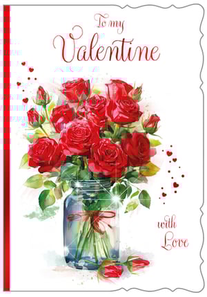 Delight your customers with this exquisite 'Open Female' Valentine's card from Out of The Blue Studios Ltd. This stunning design features a beautiful watercolour illustration of a vibrant bouquet of red roses, artfully arranged in a charming glass jar. Delicate red hearts and subtle sparkle accents add a touch of romance and elegance, making it the perfect choice for expressing heartfelt sentiments.

The card's classic 'To my Valentine' message, paired with 'with Love', ensures it resonates with anyone looking to celebrate their special someone. Supplied in a convenient pack of 6, this card is a must-have addition to your Valentine's Day collection, promising to capture hearts and boost sales.