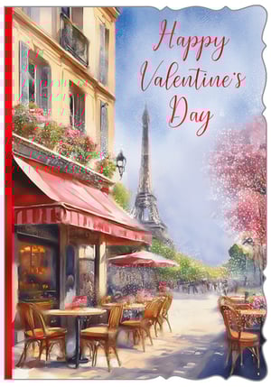 Transport your customers to the romantic streets of Paris this Valentine's Day with our charming 'Open Valentines' card, brought to you by Out of The Blue Studios Ltd. This exquisite design features a picturesque Parisian cafe adorned with vibrant flowers, set against the iconic backdrop of the Eiffel Tower. The heartfelt message 'Happy Valentine's Day' is beautifully scripted, making it the perfect way to express love and affection. Each card captures the essence of romance and elegance, sure to delight recipients. Available in a convenient pack size of 1x6, these cards are an ideal addition to your seasonal collection, offering a touch of French charm for every celebration of love.