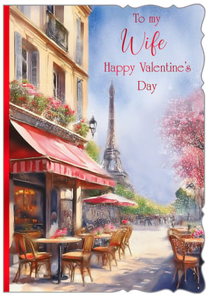 Capture the essence of romance this Valentine's Day with our beautiful 'Wife' card. This exquisite design, from Out of The Blue Studios Ltd., features a stunning watercolour illustration of a charming Parisian street scene. Imagine a cosy cafe with vibrant red awnings and blooming flowers, all set against the iconic backdrop of the Eiffel Tower. It's the perfect way for customers to convey their deepest affection with the heartfelt message, 'To my Wife Happy Valentine's Day'. Each card offers a touch of timeless elegance and warmth. Available in a convenient pack of 6, these cards are a must-have for your seasonal collection, promising to bring joy to every recipient.