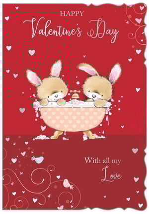Make hearts melt this Valentine's Day with our adorable 'Open Valentines' card! Featuring two irresistibly cute bunnies enjoying a bubbly bath together, this card is packed with charm and sweetness. The delightful illustration is set against a vibrant red background, adorned with shimmering hearts and elegant swirls. A sweet message of 'Happy Valentine's Day' and 'With all my Love' completes this heartwarming design. Perfect for anyone looking to send a truly special and affectionate greeting to their loved one. Supplied by Out of The Blue Studios Ltd. in a convenient pack size of 1x6, these cards are ready to bring joy to your customers. A truly lovely choice that captures the spirit of romance and affection.