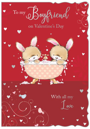 Make this Valentine's Day extra special for your customers with this adorable 'Boyfriend' card from Out of The Blue Studios Ltd. Featuring two irresistibly cute bunnies enjoying a bubbly bath, this charming design is sure to melt hearts. The elegant silver script reads "To my Boyfriend on Valentine's Day" and "With all my Love," perfectly conveying affection. Adorned with delicate hearts and sweet little birds, all set against a rich red background with a lovely scalloped edge, this card offers a truly delightful way to express love. Stock up on this heartwarming design, available in a convenient pack of 6, and help your customers share the love this Valentine's.