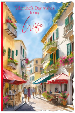 Surprise your customers with this truly enchanting Valentine's Day card, specially designed for wives. From Out of The Blue Studios Ltd., this beautiful card features a stunning, hand-painted style illustration of a sun-drenched European street scene. Imagine strolling through charming alleys, adorned with vibrant flowers and bustling cafes – a perfect romantic setting. The rich colours and idyllic atmosphere make this card a delightful way to express love. With "Valentine's Day wishes to my Wife" elegantly scripted, it's the ideal choice for husbands looking to send a heartfelt message. Available in a convenient pack of 6, ensure your shelves are stocked with this captivating design for the most romantic day of the year.