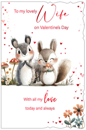 Help your customers express their love this Valentine's Day with our charming 'Wife' card from Out of The Blue Studios Ltd. This delightful design features two adorable, watercolour-style squirrels amidst a scattering of romantic hearts and delicate flowers.

The sweet message, "To my lovely Wife on Valentine's Day, With all my love today and always," makes it a truly special way to celebrate. Perfect for retailers looking to offer a heartfelt and beautifully illustrated option. Each pack contains 6 cards, ensuring you're well-stocked for the season of love.