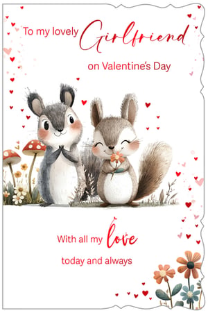 Delight your customers this Valentine's Day with our adorable 'Girlfriend' card, brought to you by Out of The Blue Studios Ltd. This charming design features two sweet, watercolour-style squirrels amidst a whimsical floral setting, one presenting a delicate flower. The heartfelt message, 'To my lovely Girlfriend on Valentine's Day' and 'With all my love today and always', is beautifully complemented by scattered red hearts, making it the perfect token of affection. Stock up on this irresistibly cute card, available in a convenient pack size of 1x6, and help your customers express their love in the sweetest way possible.