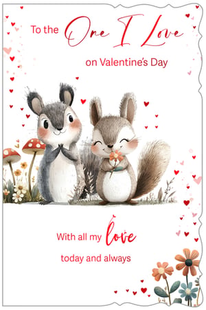 Show your customers how to express their deepest affection this Valentine's Day with our utterly charming 'One I Love Female' card from Out of The Blue Studios Ltd. This delightful card features two adorable, hand-painted squirrels amidst a scattering of hearts and wildflowers, creating a truly heartwarming scene.

The sweet message, "To the One I Love on Valentine's Day, With all my love today and always," makes it the perfect choice for someone special. Its gentle watercolor style and heartfelt sentiment will resonate beautifully with customers looking for a romantic and tender way to celebrate their love. Stock up with our convenient 1x6 pack size and help your customers share their love this Valentine's Day.