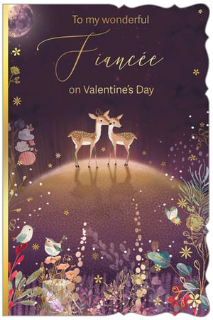 Make this Valentine's Day truly unforgettable with our exquisite 'Fiancee' card. From Out of The Blue Studios Ltd, this stunning design captures a magical, moonlit moment between two loving deer, set against a backdrop of rich purple and shimmering golden accents. Delicate floral details, twinkling stars, and charming little birds add to its enchanting appeal. The elegant script proudly declares, 'To my wonderful Fiancee on Valentine's Day', conveying a deeply romantic sentiment. Stock this beautiful card, available in a pack of 6, to offer your customers a truly special way to celebrate their love and make their Fiancee feel cherished.