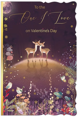Delight your customers this Valentine's Day with our exquisite 'One I Love Female' greeting card, brought to you by Out of The Blue Studios Ltd. This enchanting design captures a tender moment between two deer, nuzzling on a glowing hill under a mystical moonlit sky. Adorned with shimmering golden accents, whimsical flora, and delicate birds, the rich purple backdrop creates a truly magical and romantic atmosphere. The heartfelt message, 'To the One I Love on Valentine's Day', is elegantly presented in gold script. With its unique scalloped edge and captivating artistry, this card is a perfect choice for expressing deep affection. Available in a convenient pack of 1x6, it's an essential addition to your seasonal card selection.