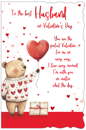 Help your customers celebrate their wonderful husbands this Valentine's Day with this charming card from Out of The Blue Studios Ltd. Featuring an adorable bear in a heart-patterned jumper, holding a vibrant red heart balloon, this design is sure to melt hearts. The heartfelt message reads: "To the best Husband on Valentine's Day, You are the perfect Valentine for me in every way, I love every moment I'm with you no matter what the day." Scattered hearts and a sweet little gift box complete this loving scene. A truly special card for retailers looking to offer a thoughtful option. Available in a convenient pack of 6.