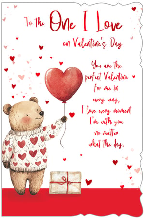 Show your love this Valentine's Day with our 'One I Love Male' card from Out of The Blue Studios Ltd. This delightful design features an adorable bear in a heart-patterned jumper, holding a vibrant red heart balloon – a perfect way to express affection for him. The heartfelt message inside reads: 'To The One I Love on Valentine's Day. You are the perfect Valentine for me in every way, I love every moment I'm with you no matter what the day.' Stock up with our convenient 1x6 pack and offer your customers a truly special card to celebrate their loved one.