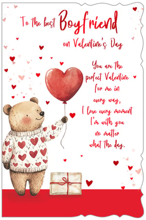 Boyfriend Valentine's Day Card - Pack of 6

Make Valentine's Day extra special with this charming card for boyfriends, brought to you by Out of The Blue Studios Ltd. This delightful design features an adorable bear wearing a heart-patterned jumper, holding a vibrant red heart balloon, surrounded by a scattering of romantic hearts.

The sweet message inside reads: "To the best Boyfriend on Valentine's Day. You are the perfect Valentine for me in every way, I love every moment I'm with you no matter what the day." It's a truly heartfelt way to express affection.

Perfect for retailers, these cards come in a convenient pack of 6, ensuring you're stocked with a popular choice for the romantic season. A lovely card that captures the essence of love and appreciation.