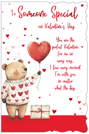 Make this Valentine's Day unforgettable for that special man with our charming 'Someone Special Male' card! This delightful design features an adorable bear, dressed in a heart-patterned jumper, lovingly holding a vibrant heart balloon. Scattered hearts add an extra touch of romance, while the heartfelt message inside reads: 'You are the perfect Valentine for me in every way, I love every moment I'm with you no matter what the day.' Crafted with care by Out of The Blue Studios Ltd., these beautiful cards are sure to capture hearts. Available in a convenient pack of six, they're an ideal choice for retailers seeking a truly warm and memorable way for customers to express their love.