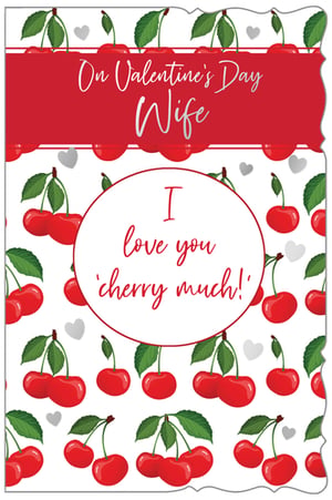 Show your love with this delightful Valentine's Day card, specially designed for a wonderful Wife. From Out of The Blue Studios Ltd., this charming card features a sweet message that reads 'I love you cherry much!' set against a playful pattern of vibrant red cherries and subtle grey hearts.

The design is both romantic and fun, making it the perfect way to express affection on Valentine's Day. Help your customers celebrate their wives with a truly heartfelt and adorable greeting. This lovely card is available in a convenient pack size of 1x6, ideal for stocking your shelves for the romantic season.