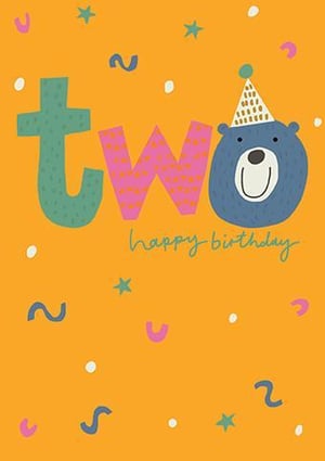 a happy birthday card with a bear wearing a party hat .