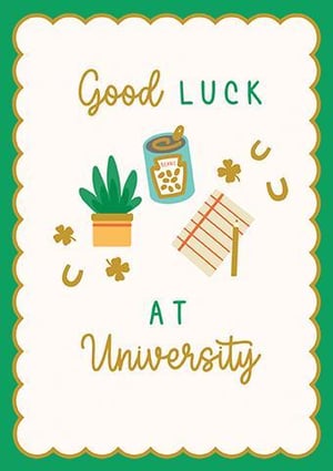 a good luck at university card with a potted plant , a can of beans , a notebook , and horseshoes .