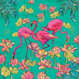 a seamless pattern with flamingos and flowers on a green background .