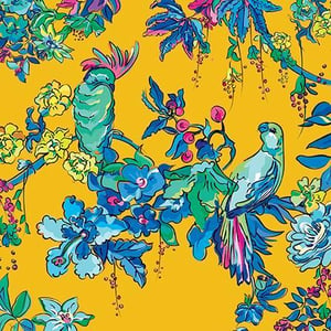 it is a seamless pattern with birds and flowers on a yellow background .
