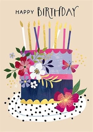a birthday card with a cake decorated with flowers and candles .