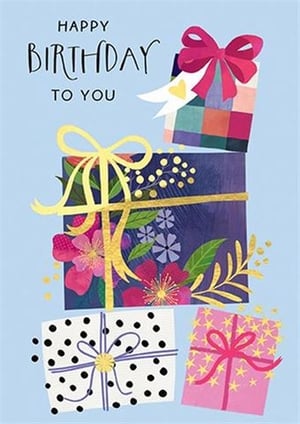 a birthday card with a bunch of gifts and flowers on it .