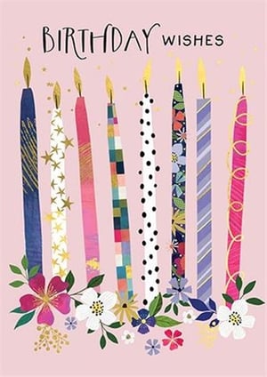 a birthday card with candles and flowers on a pink background .