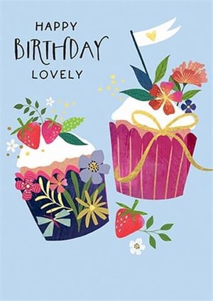 a birthday card with two cupcakes decorated with flowers and strawberries .