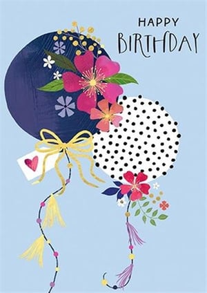 a birthday card with a balloon decorated with flowers and polka dots .