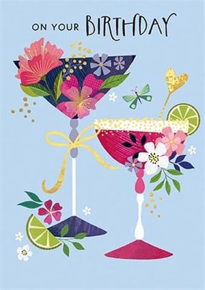 two giraffes wearing party hats are blowing party horns and holding balloons .