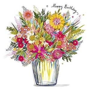 a birthday card with a vase filled with flowers and the words `` happy birthday '' .