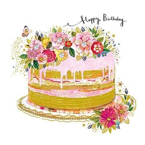 a birthday card with a cake decorated with flowers and butterflies .