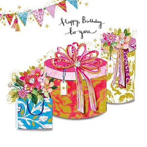 a birthday card with three boxes of gifts and flowers on it .