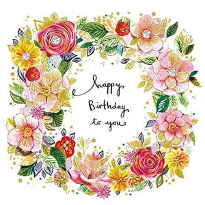 a birthday card with a wreath of flowers and the words `` happy birthday to you '' .
